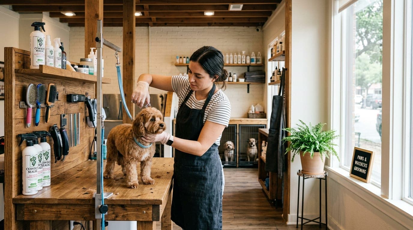 A bright, welcoming dog grooming salon interior with a groomer tending to a dog at a grooming table, large windows letting in natural light.